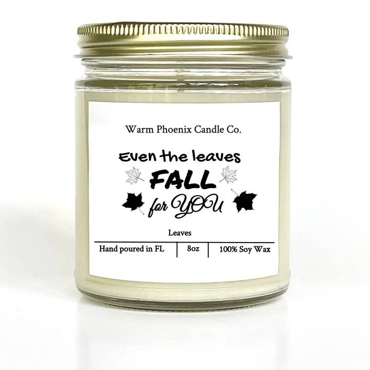 Autumn Leaves Handmade Soy Candle, Custom Company Name Label for wholesale by Warm Phoenix Candle Co.