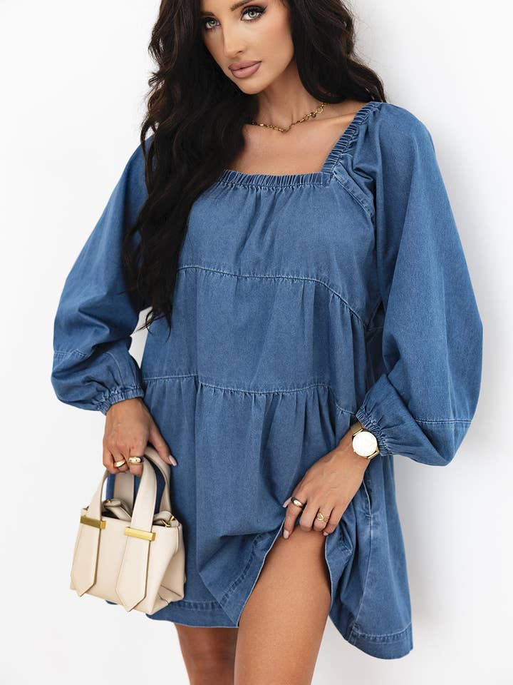 Dusk Blue Square Neck Denim Mini Dress with Side Pockets for wholesale on Faire8