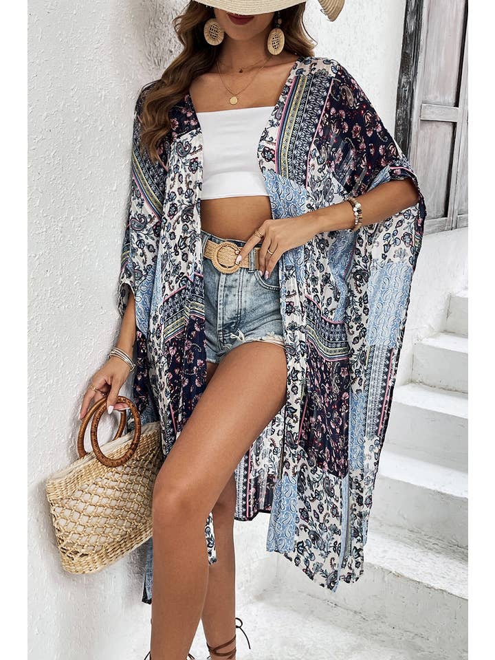 Blue Boho Floral Open Front Summer Kimono for wholesale on Faire
