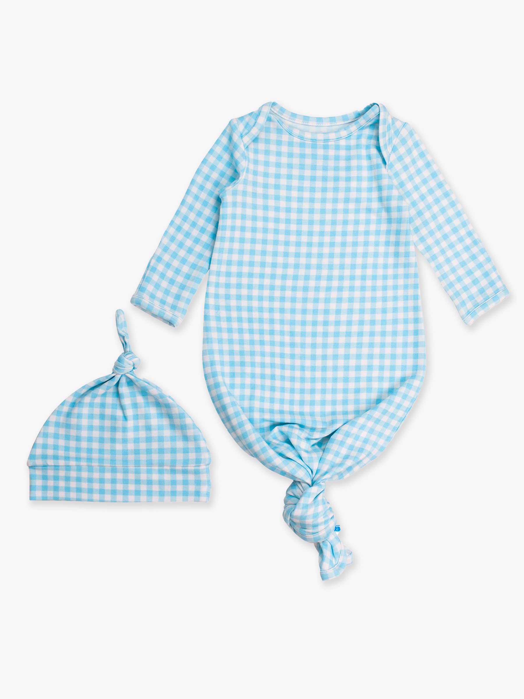 SoftSnooze™ Baby Cotton Modal Blue Breeze Gingham Knotted Sleep Gown & Hat Set for wholesale on Faire10
