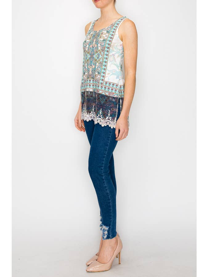 TURQ TANK TOP WITH LACE TRIMMING LAYER-T08 IV-TURQ for wholesale on Faire