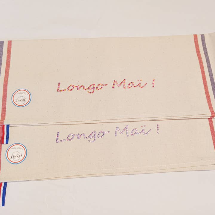 “Longo Mai” embroidered striped tea towel for wholesale by SIL&FIL