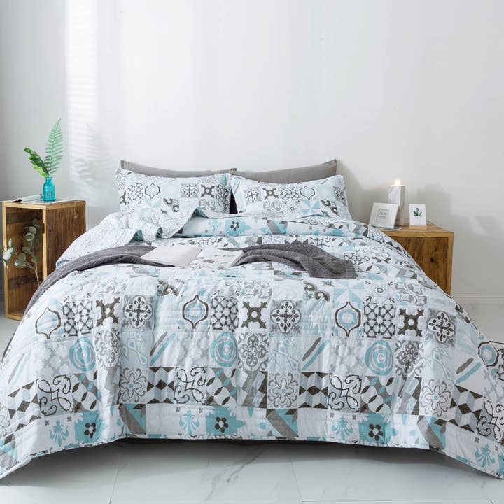 Set trapunta stampato con design patchwork in morbida microfibra per la vendita all'ingrosso da parte di Kasentex