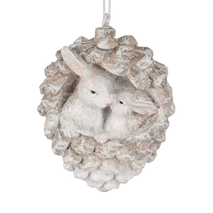 A73394: Resin wht rabbits in pcone orn,3in for wholesale by Silver Tree Home & Holiday