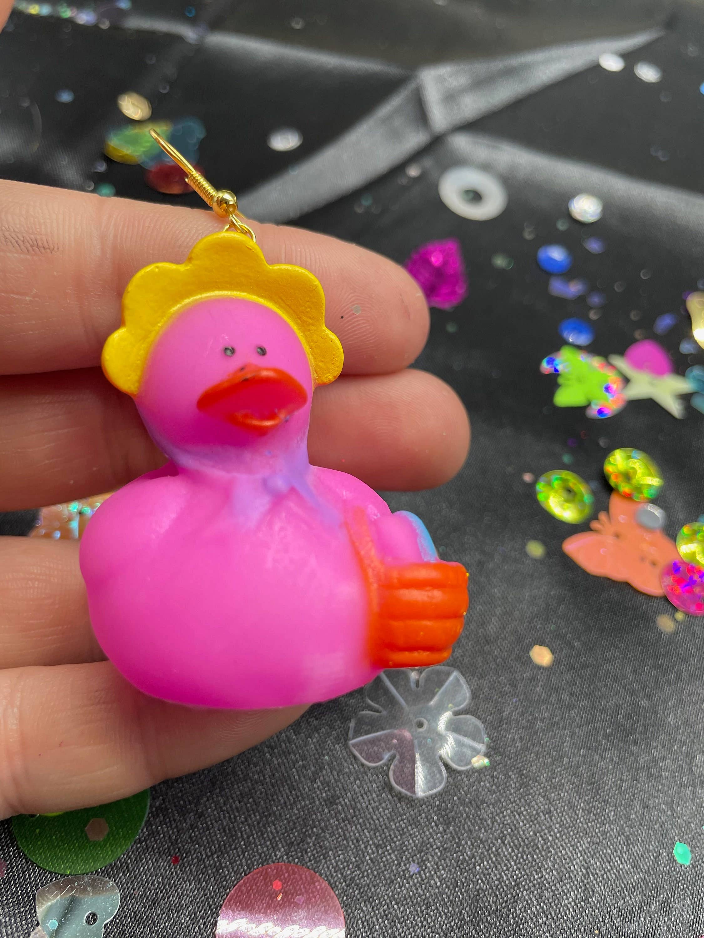 R59Creates – wholesale Dangle earrings – Easter Themed Lil Rubber Ducky Earrings! In Yellow Bunny, Blue Bunny, Pink Bonnet, And Purple Egg W/ Gold, Silver Or Silver Drop Chain!5