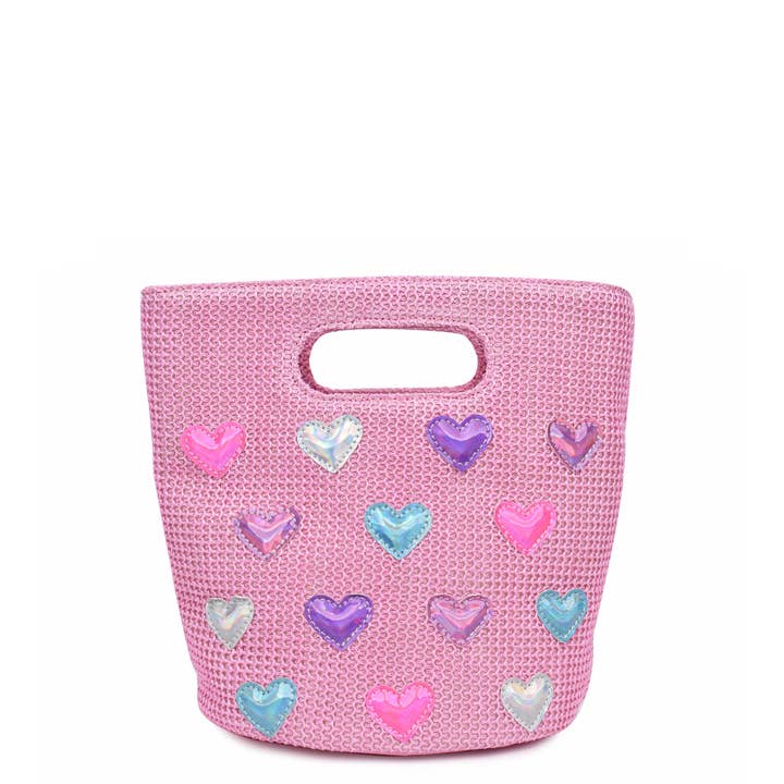 OMG Accessories - Wholesale Tote Bag - Kids - Heart-Patched Pink Straw Top-Handle Mini Tote Bag