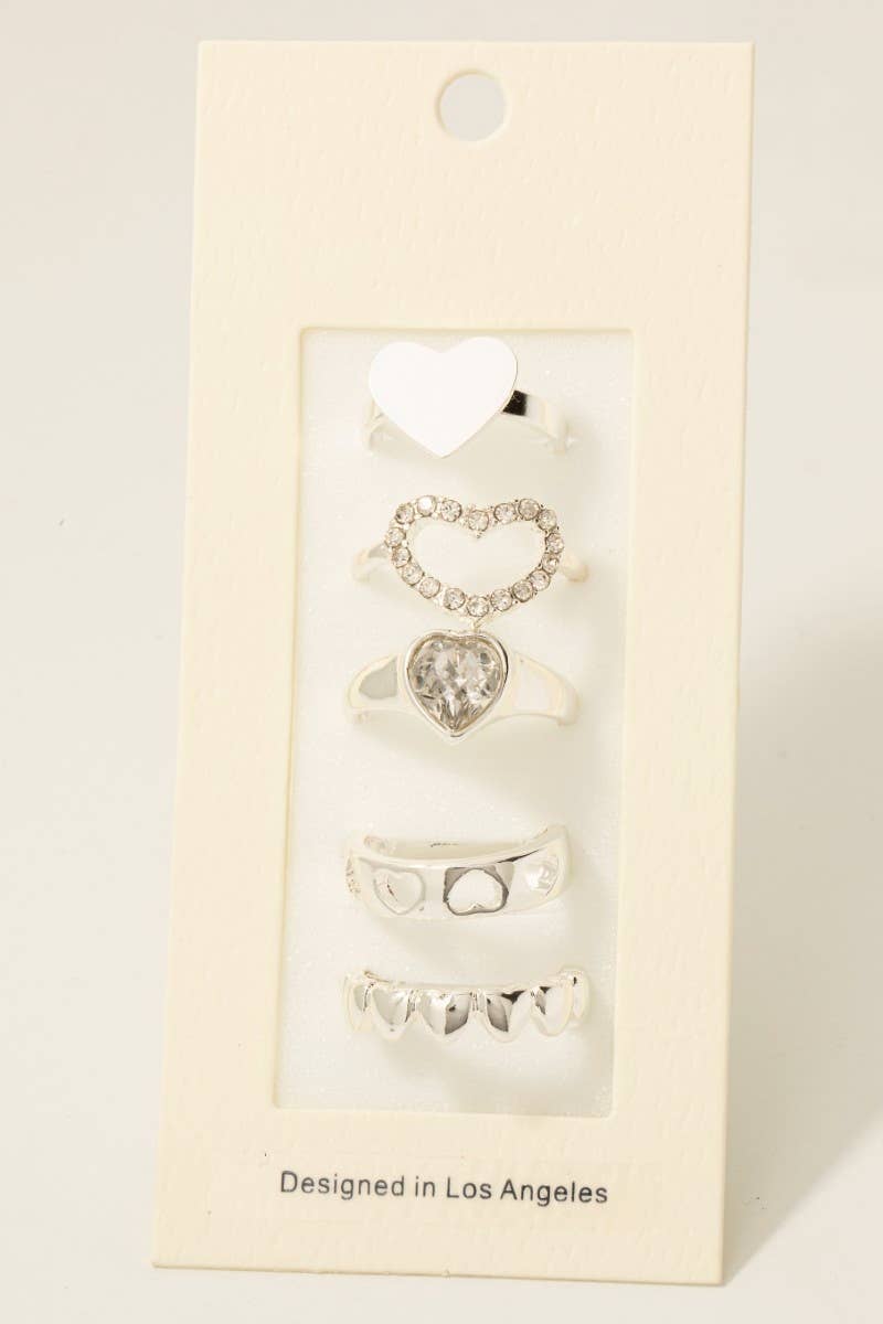 Fame Accessories - Wholesale Band/Stacked Ring - 5Pc Mixed Heart Style Band Rings Set4