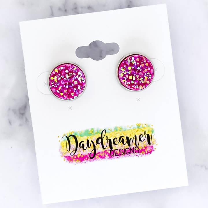 Daydreamer Designs - Wholesale Stud/Post Earrings - Magenta Sparkle Druzy Stud Earrings