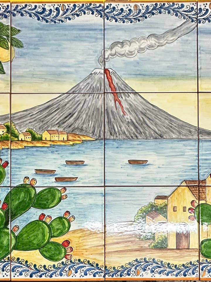 Etna Mosaic Panel Caltagirone Ceramics 80x60 cm Hand-decorated tiles for wholesale by DD Ceramiche Siciliane