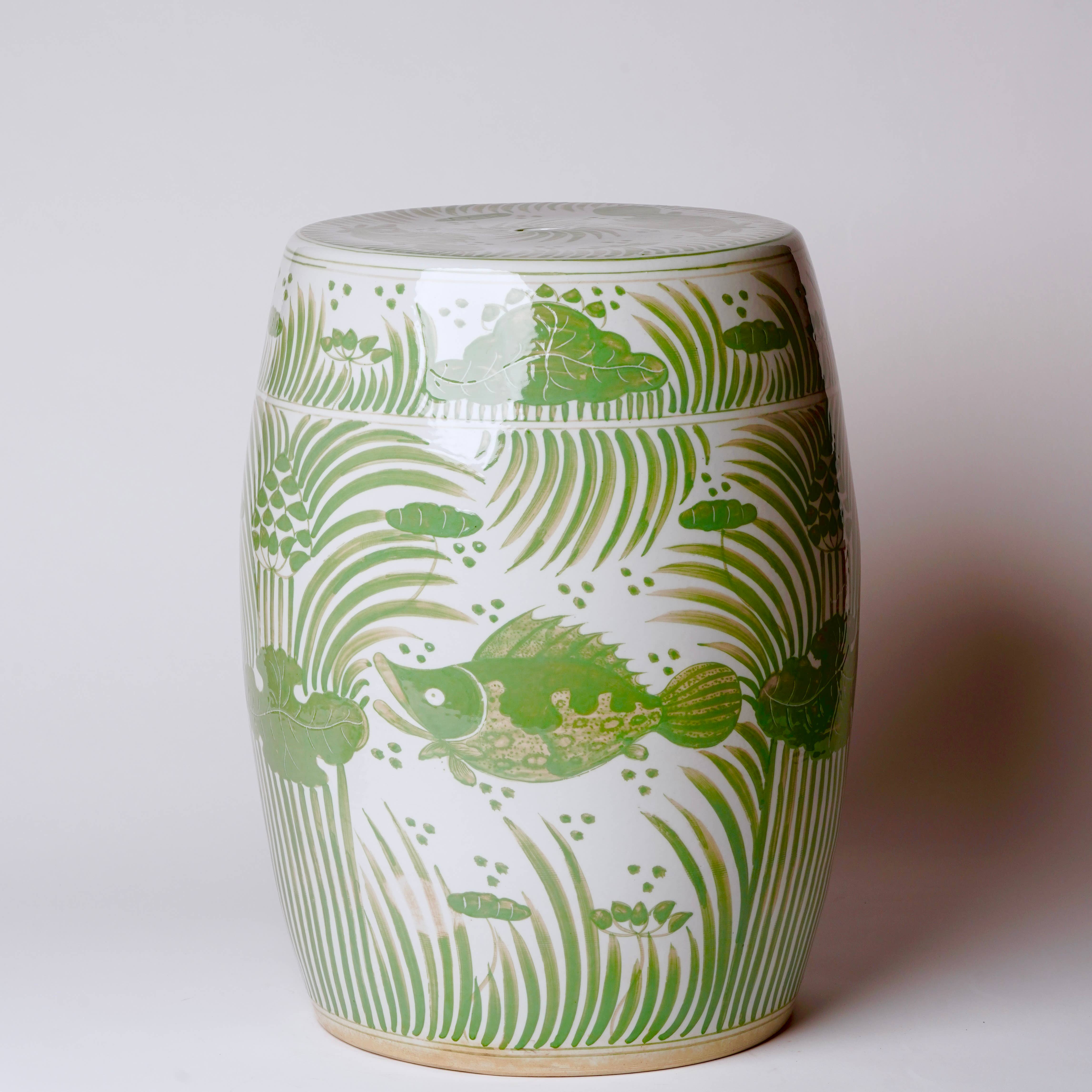 Cobalt Guild - Wholesale Outdoor Ornament/Decor - Hand Painted Fish & Lotus Green & White Porcelain Garden0