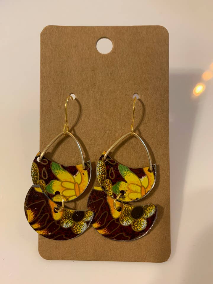 Brown and Yellow Floral Tin Earrings for wholesale by Fancy Fig Creations