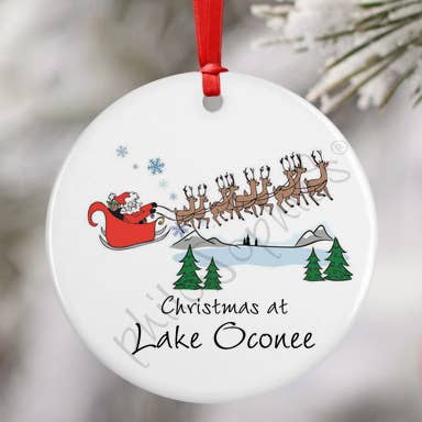 Name Drop Santa over Lake & Mountains ornament for wholesale by philoSophie's Stationery & Gifts