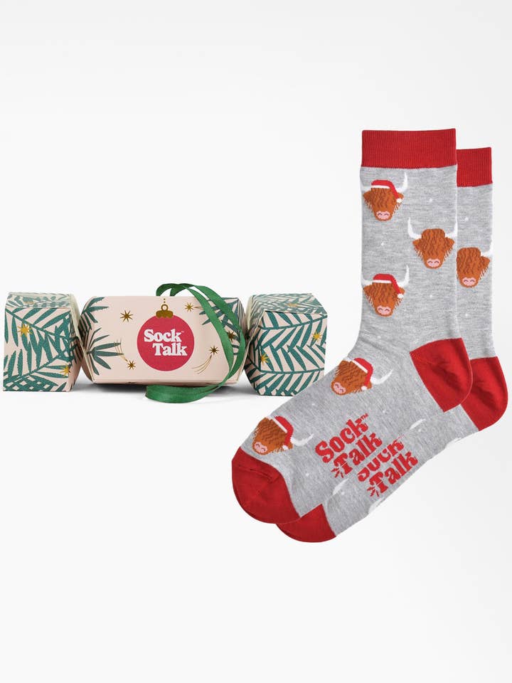 Men's Highland Cow Bamboo Socks Christmas Cracker Gift Box for wholesale by Sock Talk