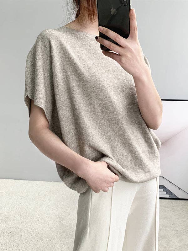 Sheer Trend – Großhandel Strickoberteil – Damen – Lose, einfarbige, schulterfreie Strickpullover-Pullover-Tops mit halben Ärmeln4