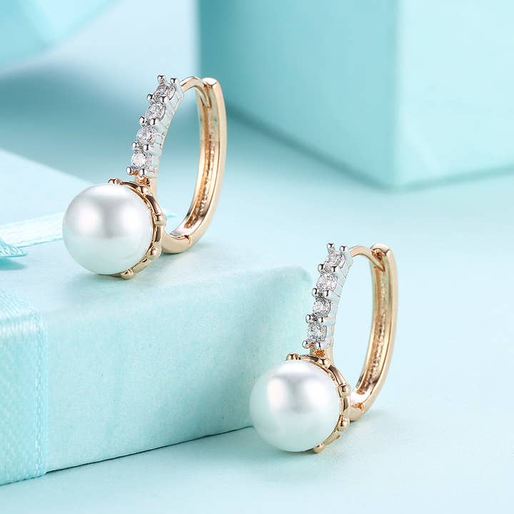 18K Gold Plated Freshwater Pearl Earrings with Crystals for wholesale by Golden NYC Jewelry