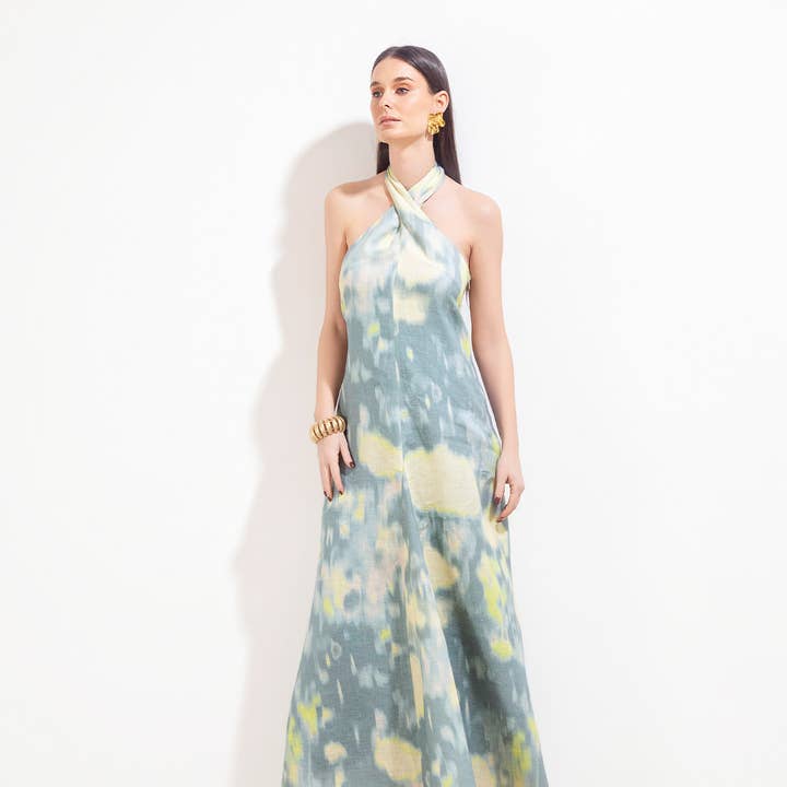 ROBE SANTANDER MONET LIN LIN TEAL pour la vente par Maria la Paz