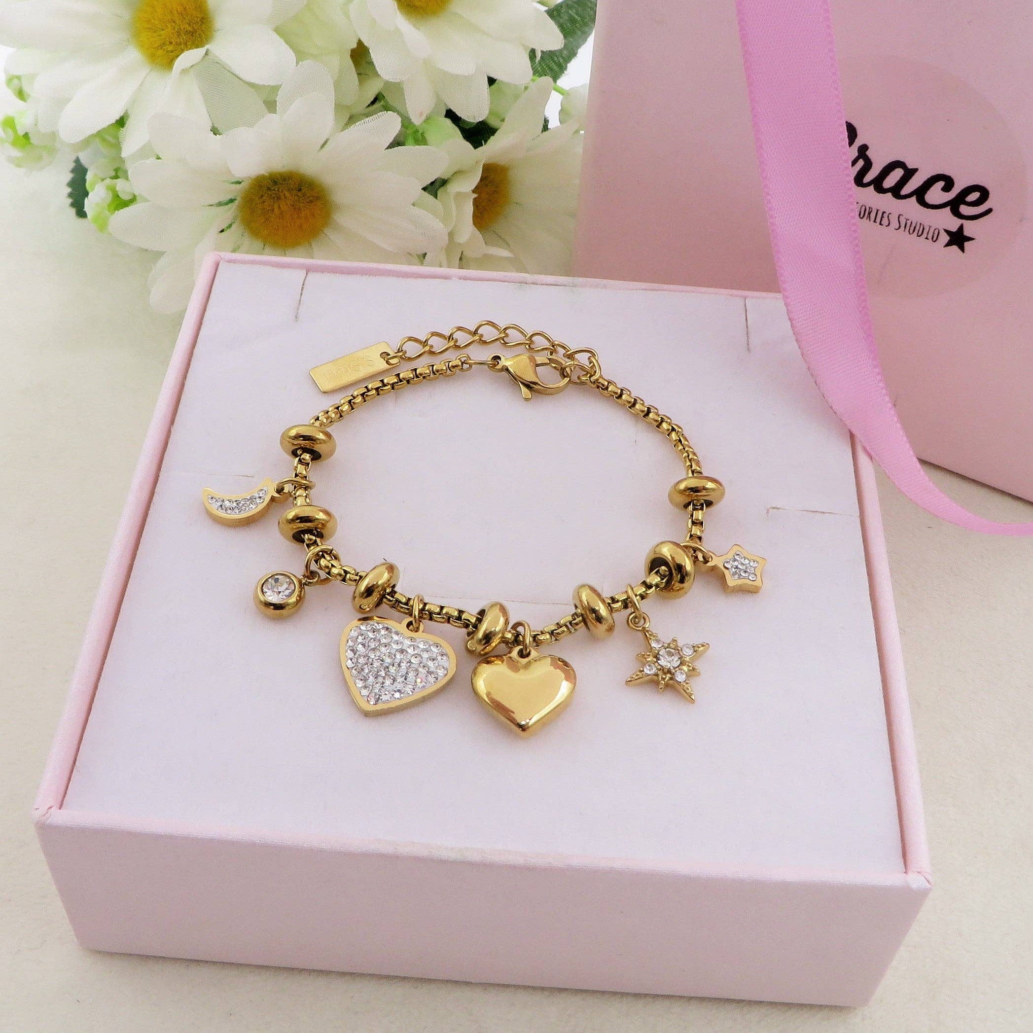 Daemon srls - Vendita all'ingrosso Braccialetto con ciondolo/pendente - MOON & STAR - Bracciale in acciaio inox con pendenti luna, stelle e cuori bombati e Cubic Zirconia4