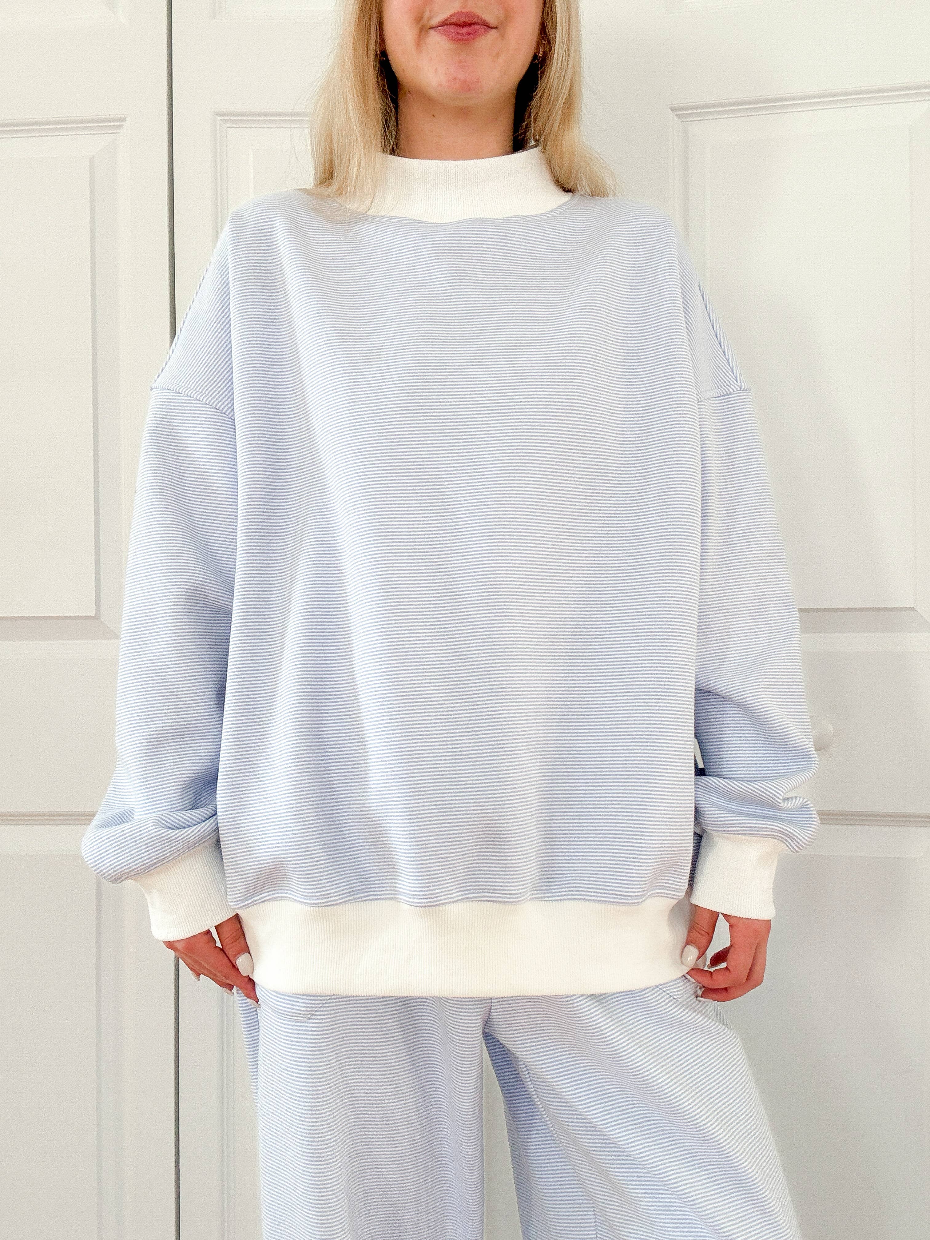 Blue and White Mini Striped Mockneck Sweatshirt for wholesale on Faire11