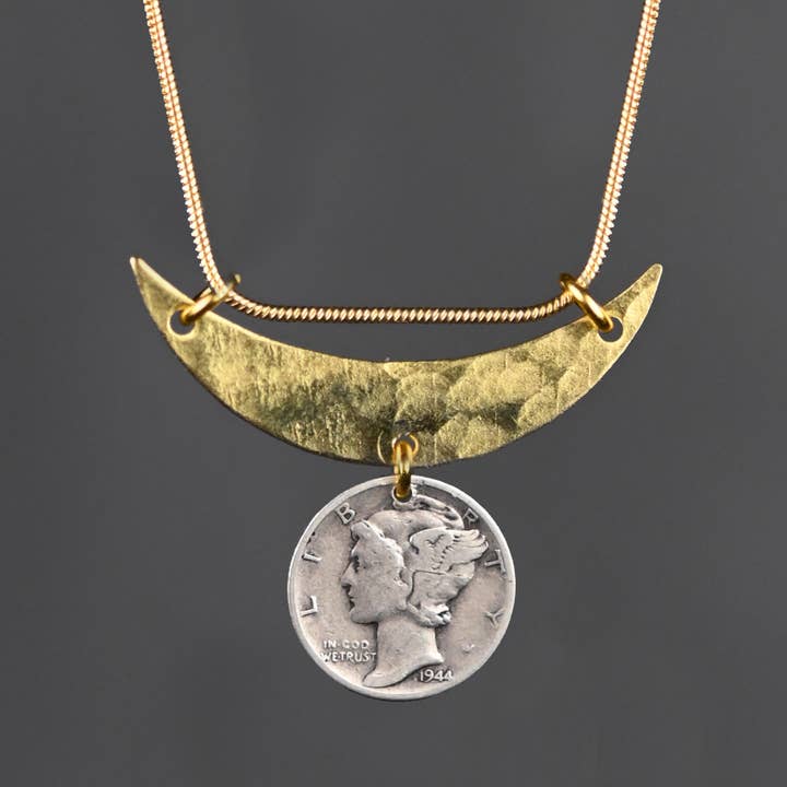 One of a Kind (Silver) Dime w/ Hammered Crescent Necklace for wholesale by KBD Studio