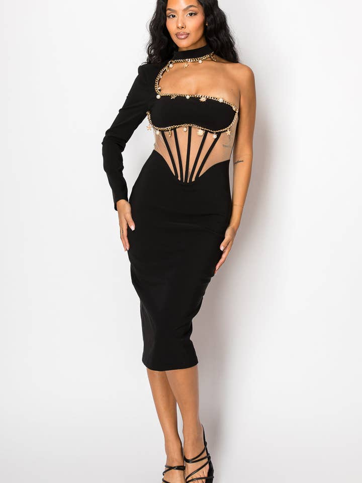 Embellishment one shoulder midi dress for wholesale by aube