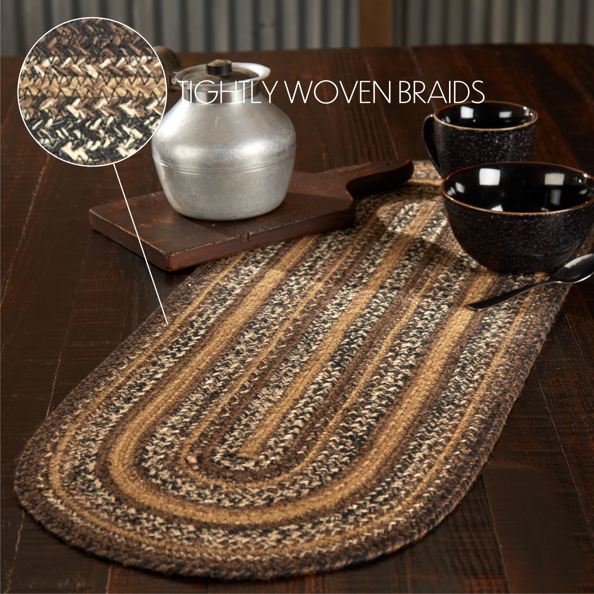VHC Brands - Wholesale Table Runner - Espresso Jute Oval Runner 13x363
