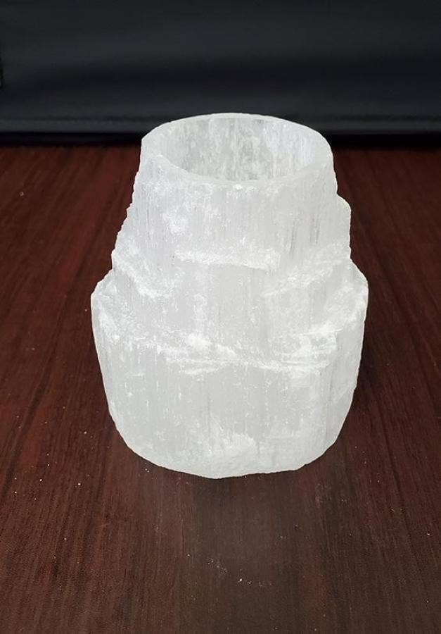 GREENROOTS USA LLC - Wholesale Candle holder - Selenite Tower Style Candle Holder 3" Tall X 3 " Wide