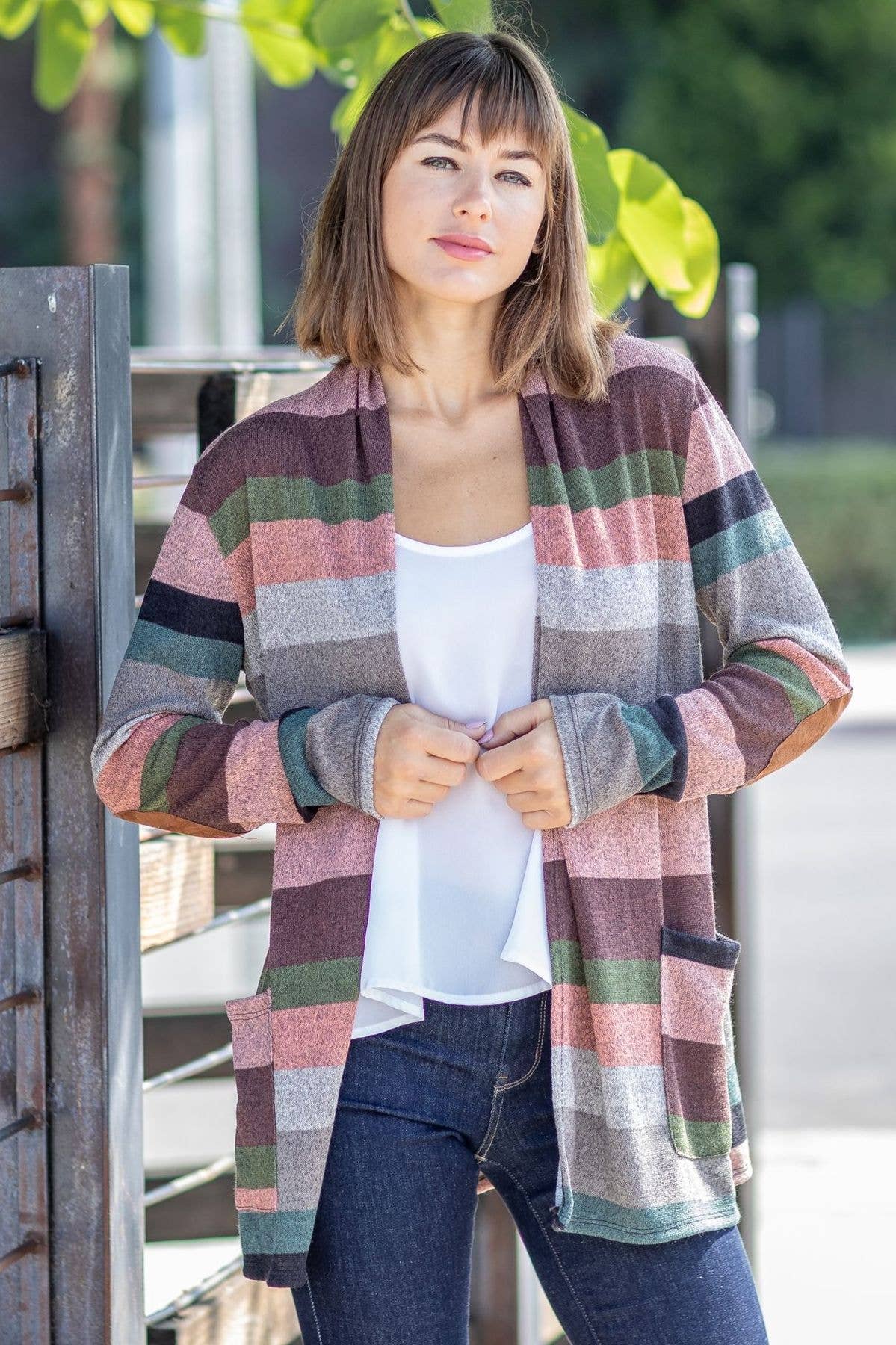 EG fashion - Wholesale Cardigan - Women's - Plus Suede Elbow Patch Open Cardigan with Pockets7