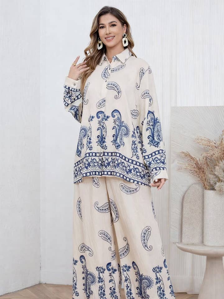 Paisley Print Co-Ord Set – Button-Through Shirt & Wide-Leg T for wholesale by Lucy Sparks