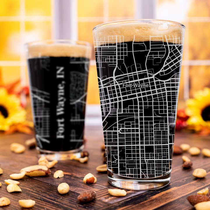 Blue Ridge Mountain Gifts - Wholesale Beer Glass/Mug - Fort Wayne IN - Street Map - Engraved Pint Glass0