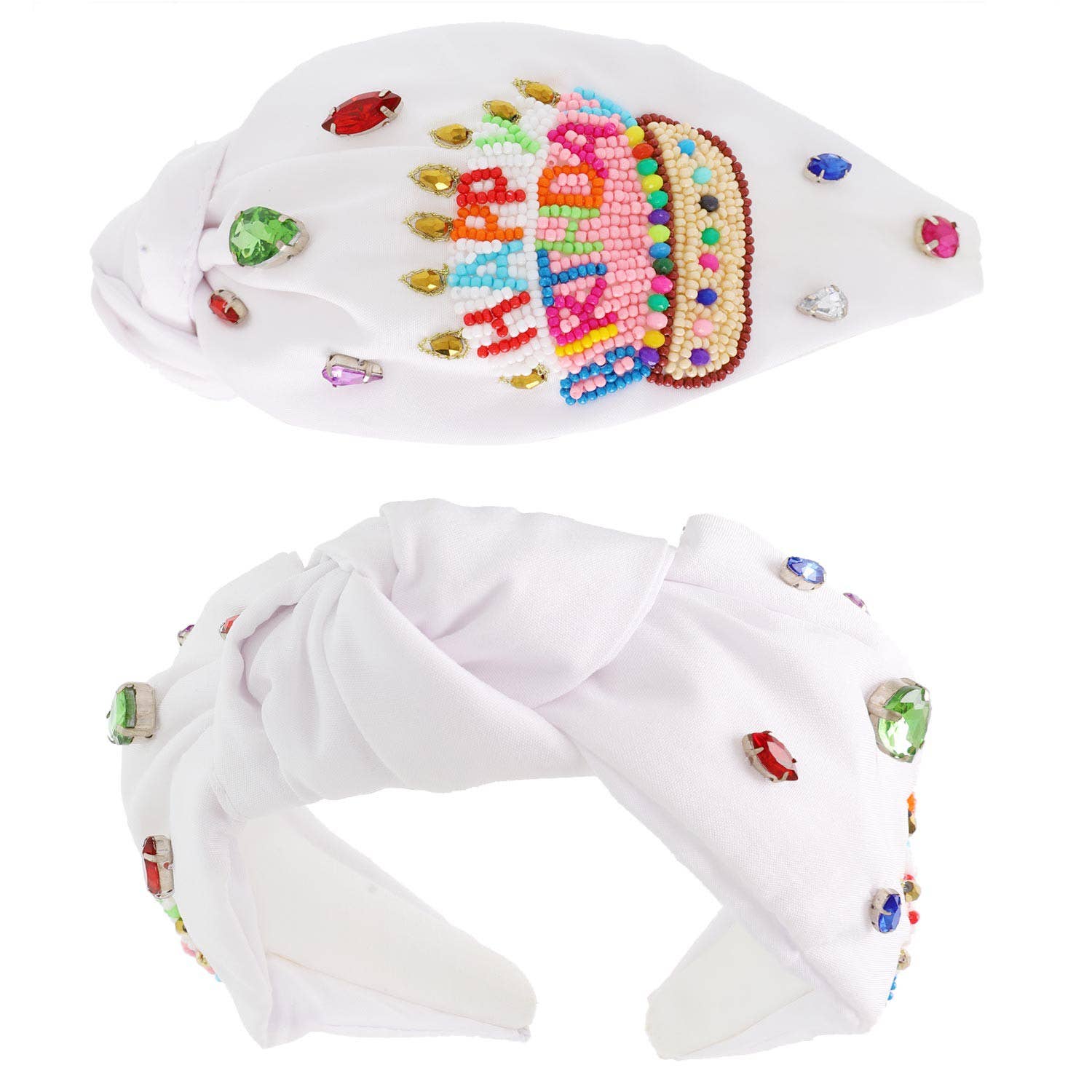 anbfashion – Engroshandel Pandebånd - Dame – TILLYKKE MED FØDSELSDAGEN JUVELERET PERLEBESET KNUTET HÅRBØJLE1