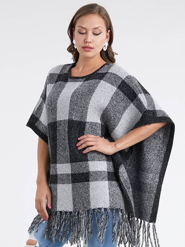 CLR-OXT3927 plaid knit poncho with fringe for wholesale by Oceanus Apparel