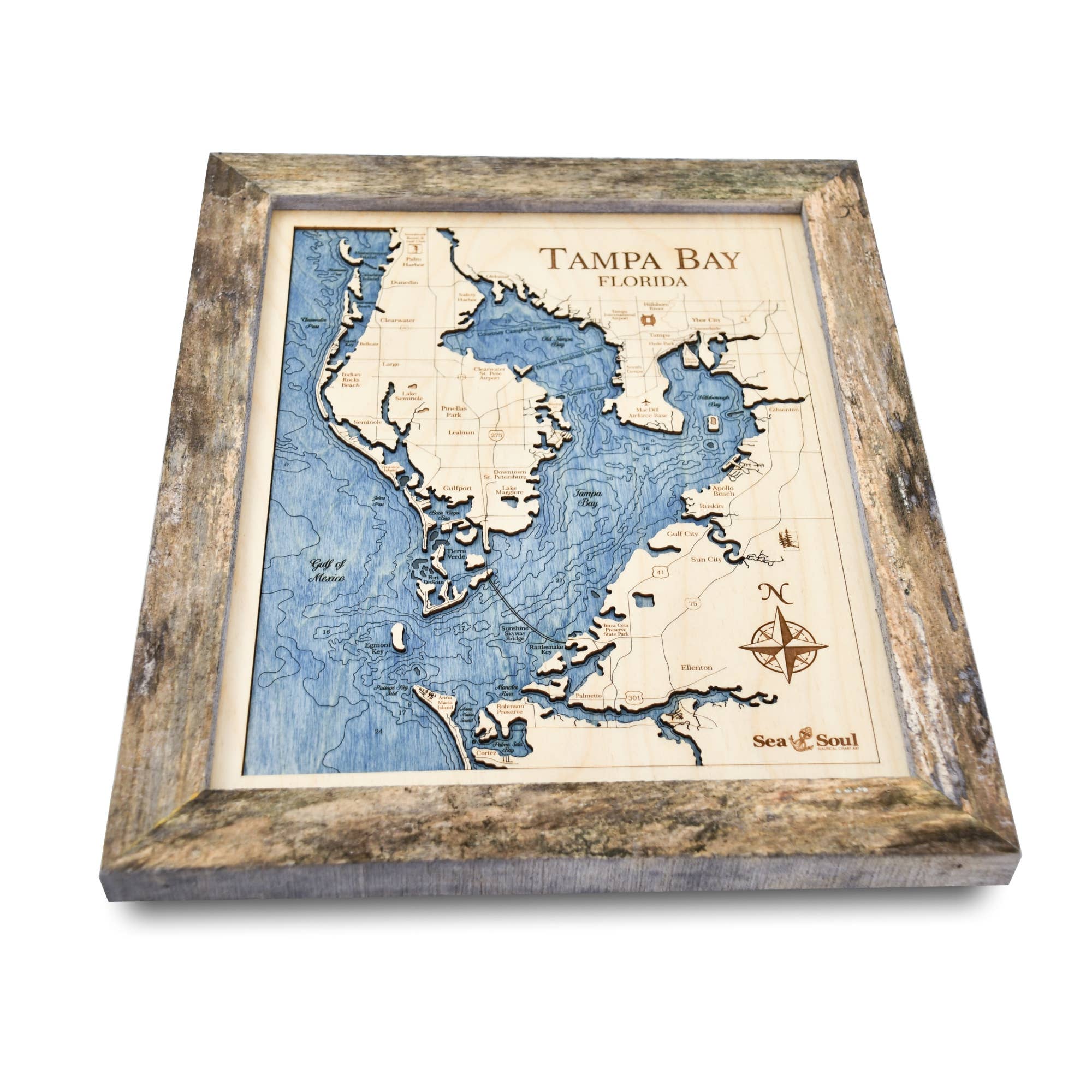 Sea & Soul Nautical Chart Art - Wholesale Map - Tampa Bay Nautical 3D Wood Map Wall Art, Coastal Home Decor10