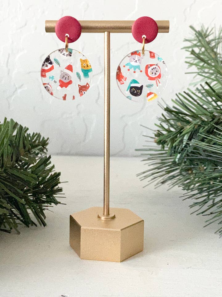christmas cat earrings, holiday jewelry, winter accessories for wholesale by midnightclayco