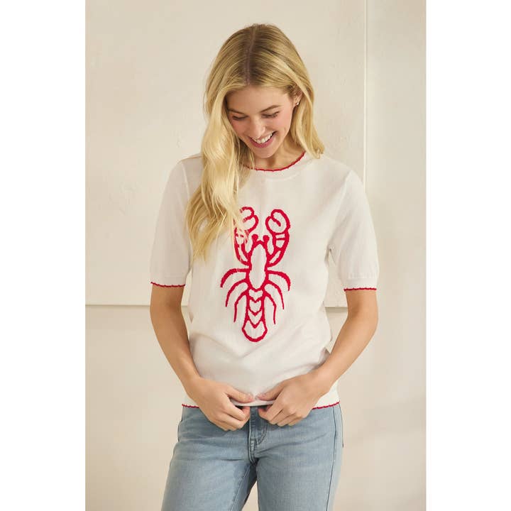Knit top with bold red lobster graphic and scalloped trim ac for wholesale by LIME N CHILI