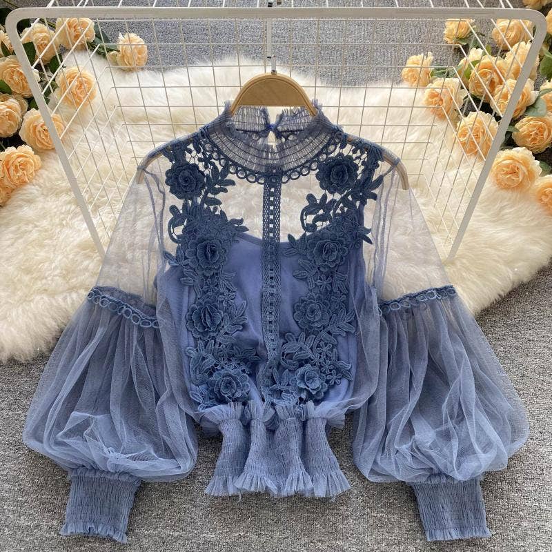 Rosa Clothing - Wholesale Blouse - Women's - Vintage Sheer Balloon Sleeve Floral Mesh 2 Pcs Top 9 Colors3