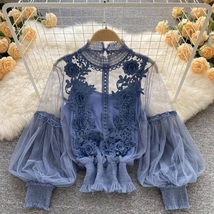 Rosa Clothing - Wholesale Blouse - Women's - Vintage Sheer Balloon Sleeve Floral Mesh 2 Pcs Top 9 Colors3