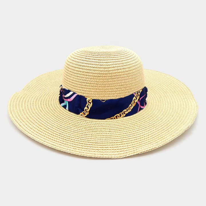 Stråhatt med bred brätte, kedjemönstrat tygband i sidenliknande material för wholesale av Sensibling Corp.