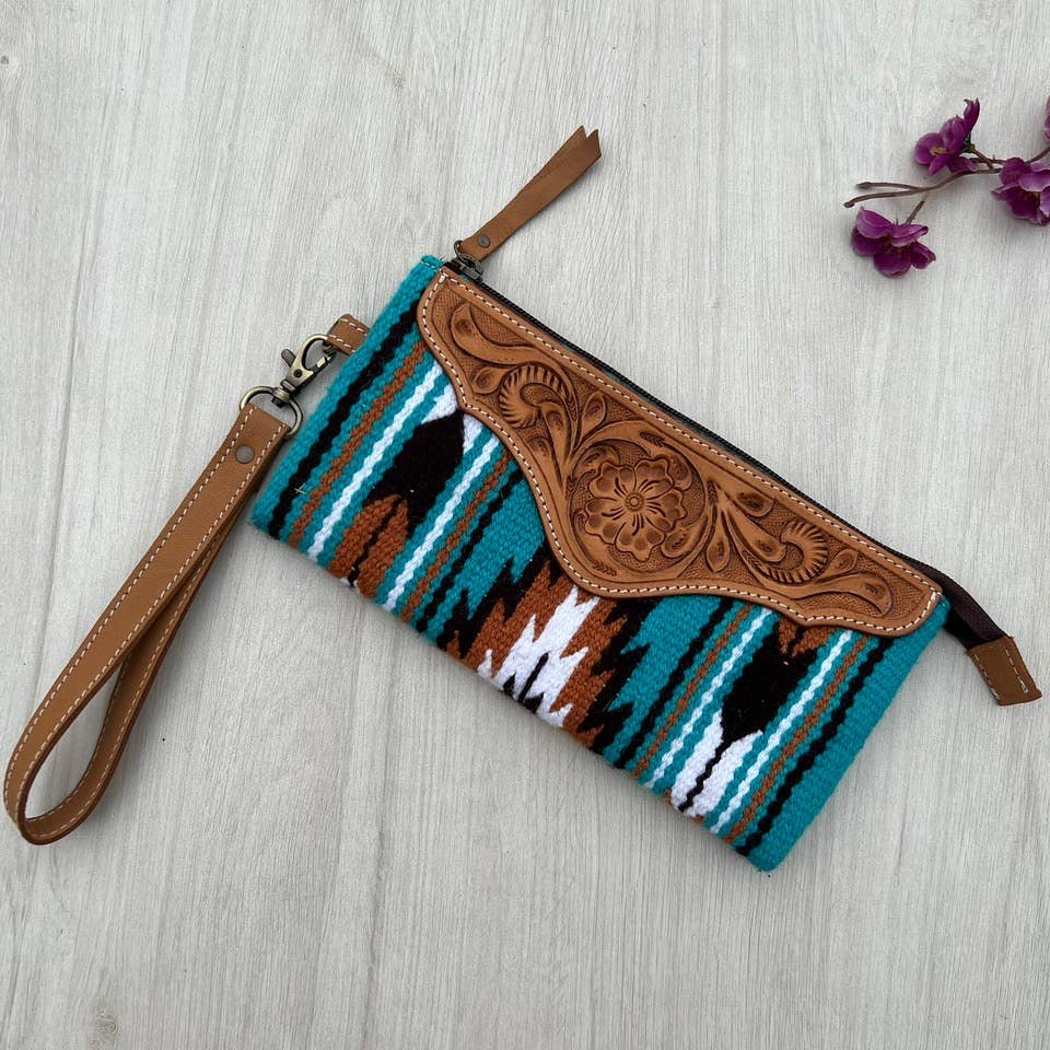The Design Edge - Wholesale Clutch Bag - Women's - Turq Saddle Blanket Clutch with Tooled Leather - TSB41D0