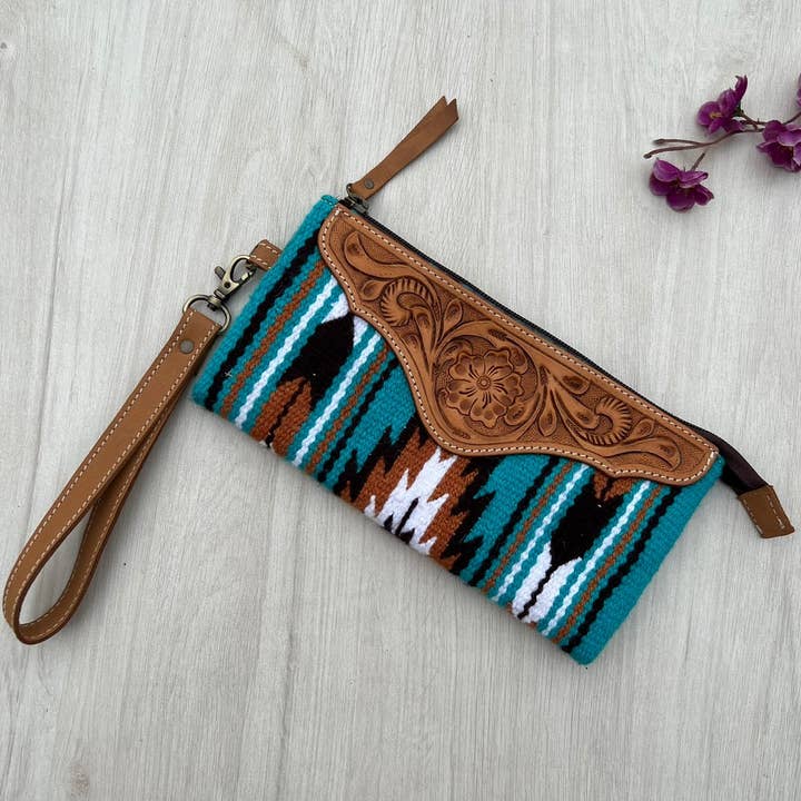 The Design Edge - Wholesale Clutch Bag - Women's - Turq Saddle Blanket Clutch with Tooled Leather - TSB41D