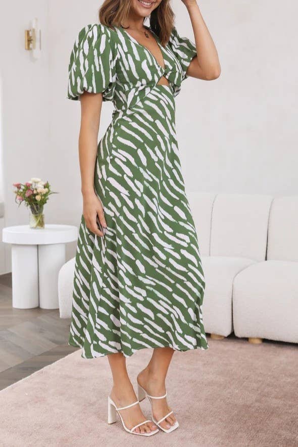Rosa Clothing - Wholesale Dress - Women's - zebra print plunge twist front cutout puff sleeve dress0