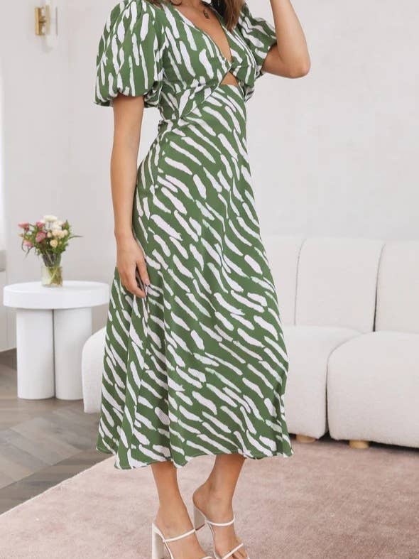Rosa Clothing - Wholesale Dress - Women's - zebra print plunge twist front cutout puff sleeve dress