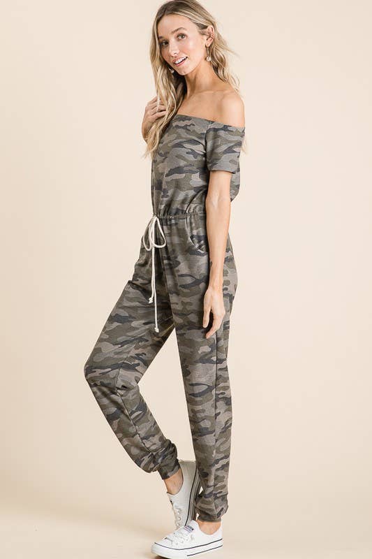 LMR5102-J-Harper's Camo Off the Shoulder Jumpsuit for wholesale on Faire4