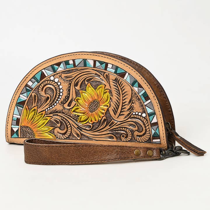 ADBG1433 American Darling Hand-Tooled Genuine Leather Western Taco Bag - Floral Carved Artisan Wristlet for wholesale by LS Western