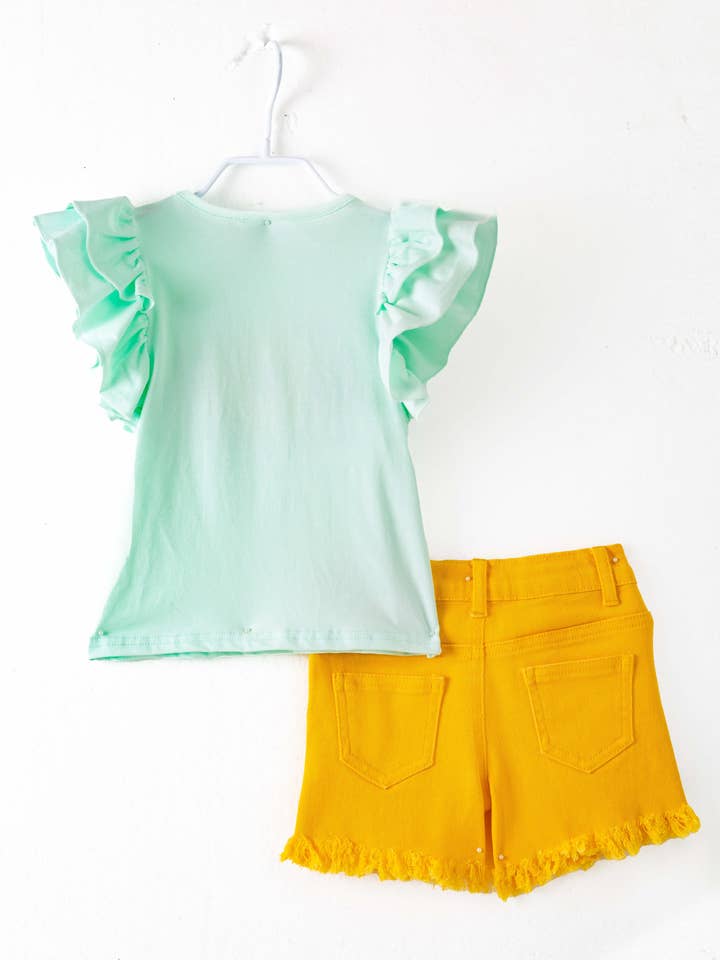 littleoneusa - Vendita all'ingrosso Completo top e pantaloncini - Bambini - Completo in Denim per Ragazza con Paillettes a Girasole Giallo4
