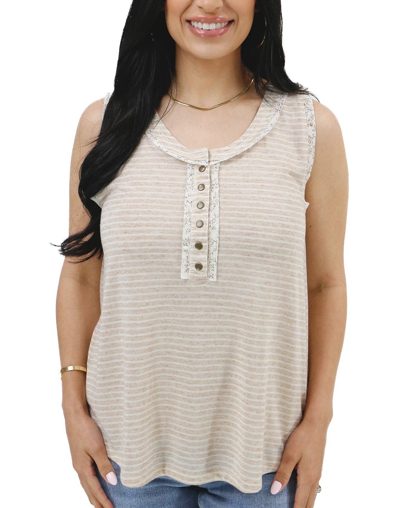 Snap Up Henley Tank in Natural Stripe for wholesale on Faire6