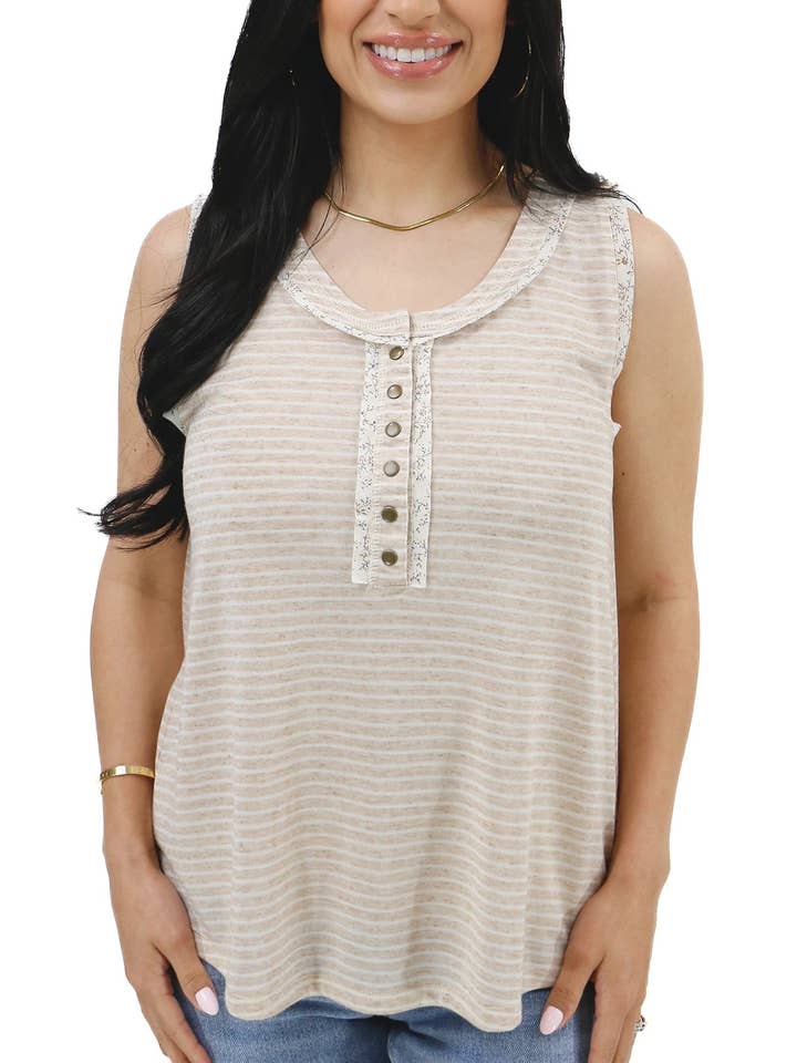 Snap Up Henley Tank in Natural Stripe for wholesale on Faire6