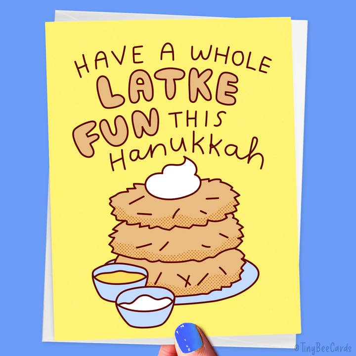 Latke Hanukkah Card "Have a Whole Latke Fun This Hanukkah!" for wholesale by Tiny Bee Cards