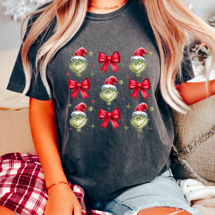 Grinch Coquette Bows Graphic Tee Christmas  for wholesale by Gia Gifts Boutique