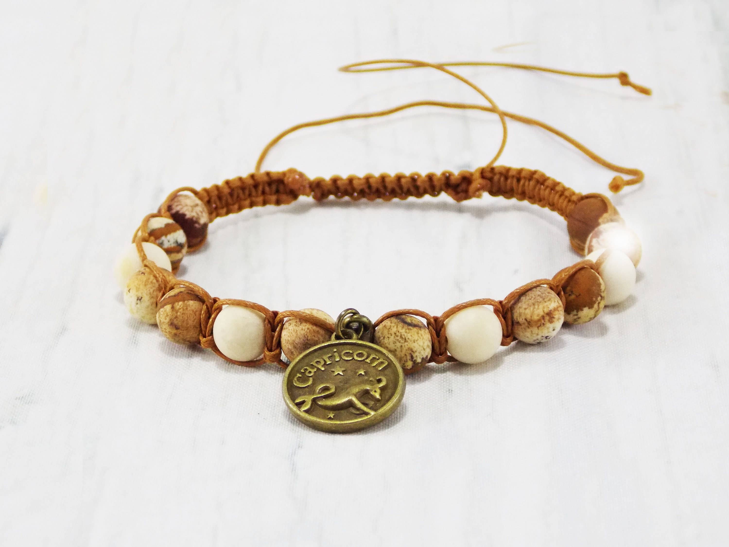 Ninolia - Venta al por mayor Pulseras de abalorios/colgantes - Pulsera Capricornio con dije de signo del zodíaco de cabra de 8 pulgadas de largo, piedra preciosa unakita macramé, regalos de cumpleaños de enero5