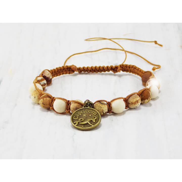 Ninolia - Venta al por mayor Pulseras de abalorios/colgantes - Pulsera Capricornio con dije de signo del zodíaco de cabra de 8 pulgadas de largo, piedra preciosa unakita macramé, regalos de cumpleaños de enero5